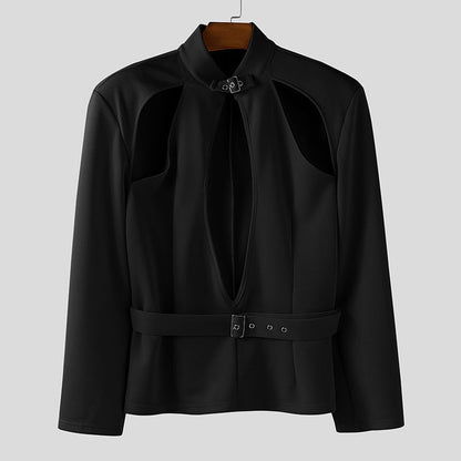 INCERUN Men Blazer Solid Stand Collar Long Sleeve Hollow Out Male Suit Streetwear Personality Fashion Casual Blazer With Belt