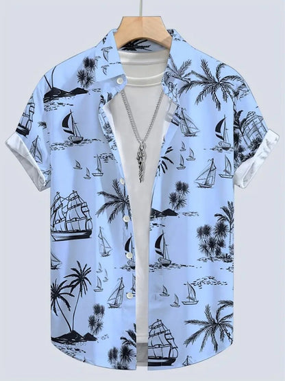 Summer Men's Shirt Coconut Tree 3D Print Casual Short Sleeve Lapel Tops Beach Casual Hawaiian Shirt Men Oversized Shirts For Men