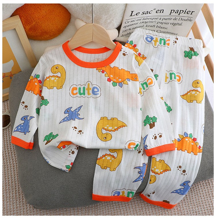 Kids Boys Girls Summer Cotton Thin Pajamas Cute Cartoon Print Long Sleeve T-shirt Tops+Pants Baby Clothing Sets