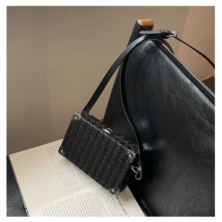 Couple's Sling Bag Straw Weaving with Corner Metal Decoration Boxy Shape Doctor Bag for Date Back to School Party Shoulder Bag