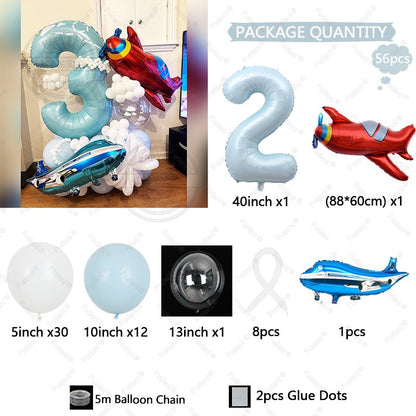 56Pcs Airplane Themed Blue Digital Balloon Set 1-9 Birthday Party Decoration baby Shower Globos Gift Shooting Props