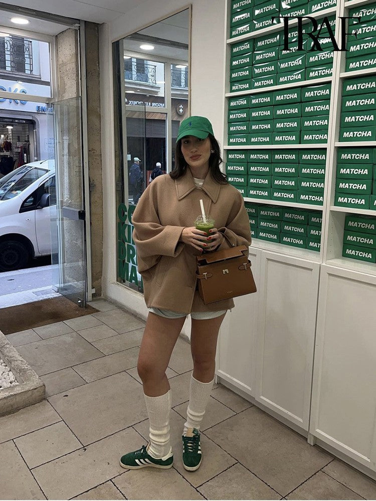Sobretudo Feminino Casual Vintage Cáqui Manga Morcego Gola Lapela Quente Tweed Outono Inverno Moda Solto Abotoamento Único