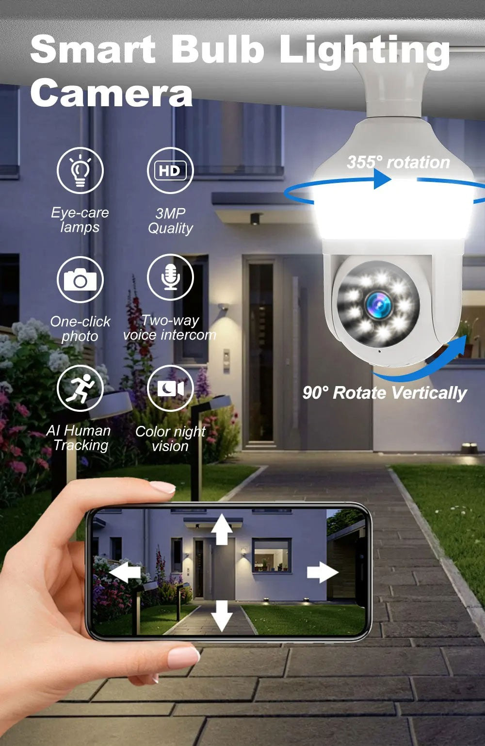 Tuya E27 Light Bulb Dual Screen WiFi Camera 5MP Indoor 5x Zoom PTZ Security Camera IR Color Night Vision Wireless Surveillance