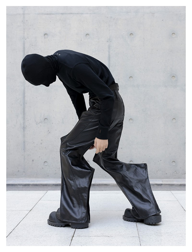 Mauroicardi Autumn Long Black Waterproof Hard Pu Leather Flare Pants Men Cool Luxury Designer Clothes Streetwear Runway Fashion