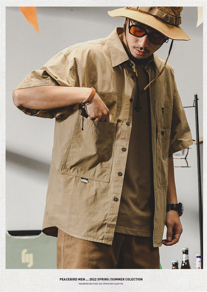 Summer hawaiian Casual Cargo Shirt For Men Oversized Short Sleeve Tee Shirts Y2K Streetwear Button Blouses Outdoor Masculino