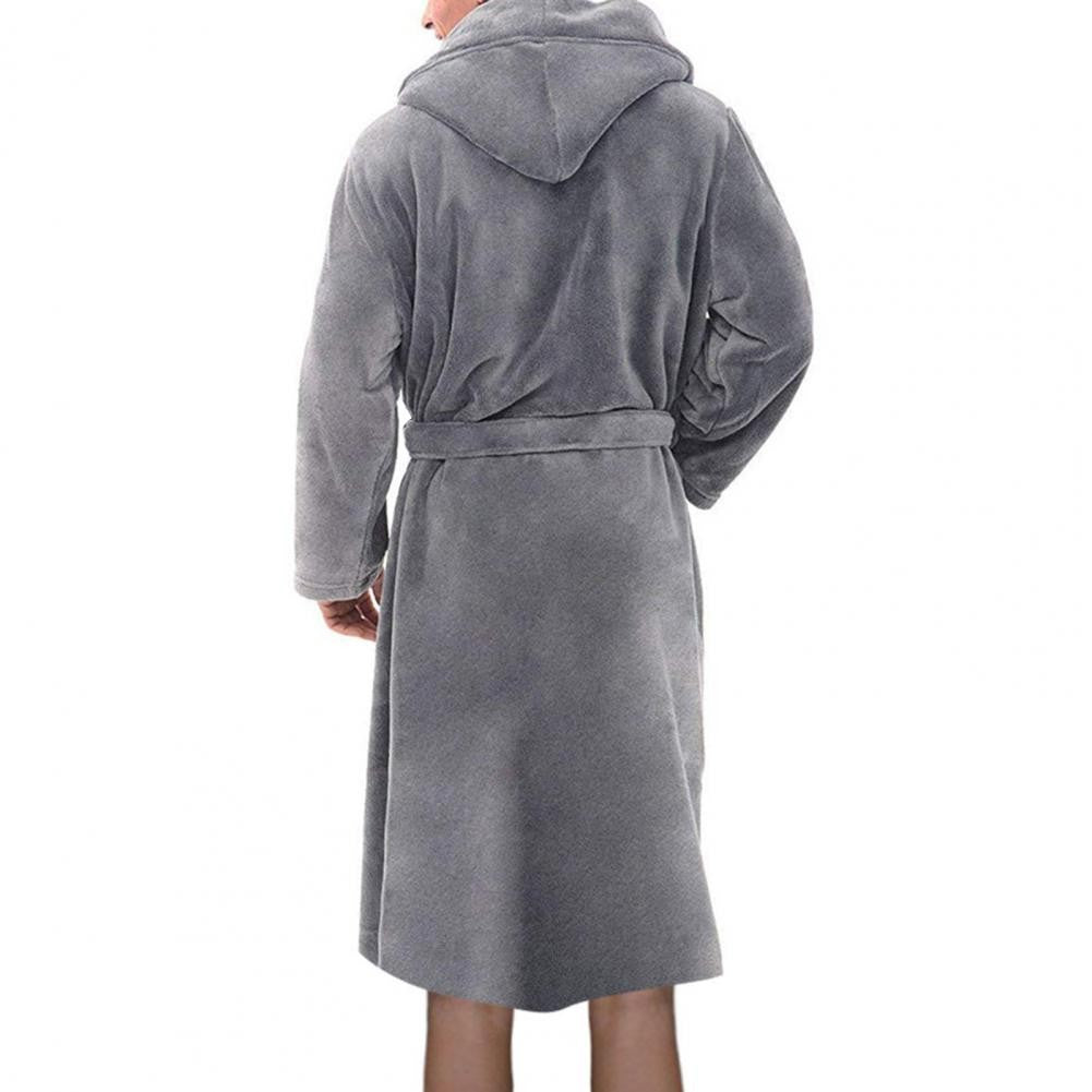 Belt Flannel Bath Robe for Men Hooded Pockets Warm Men Nightgown Men Plush Bathrobe Sleepwear Home Clothes Loose Pajamas Robe