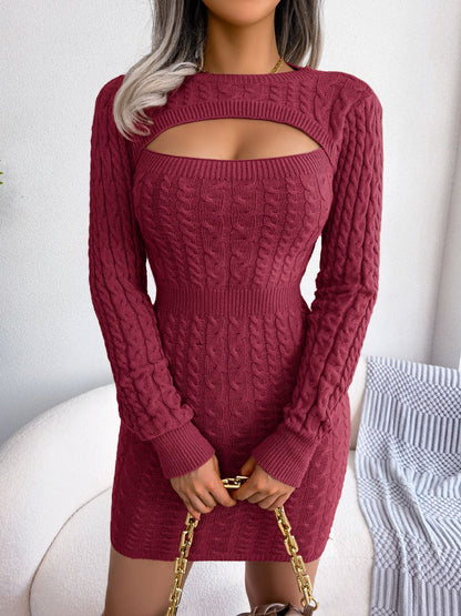 VigoCasey 2025 Blue Casual Short Knit Dress Autumn Winter Women Long Sleeve Dress Sexy Lady Solid Hollow Bodycon Knitted Dresses