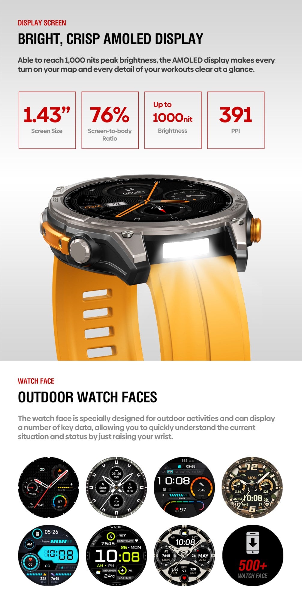 NOVO Smartwatch Zeblaze Stratos 4 GPS Tela AMOLED de 1.43 polegadas Bússola Integrada Altímetro Barométrico Lanterna Chamada de Voz