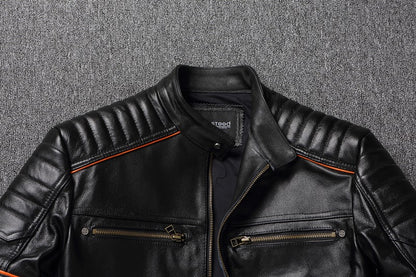 Men's Spring Original Leather Motorcycle Jacket 2025 Skull Embroidery Top Layer Cowhide Clothing Slim Fit Black Slim Male Coat