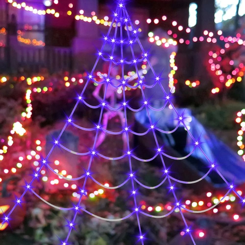 8 Modes Halloween Spider Web Lights Glow Waterproof LED Spider Net Triangle Hanging Scary Giant Spider Party