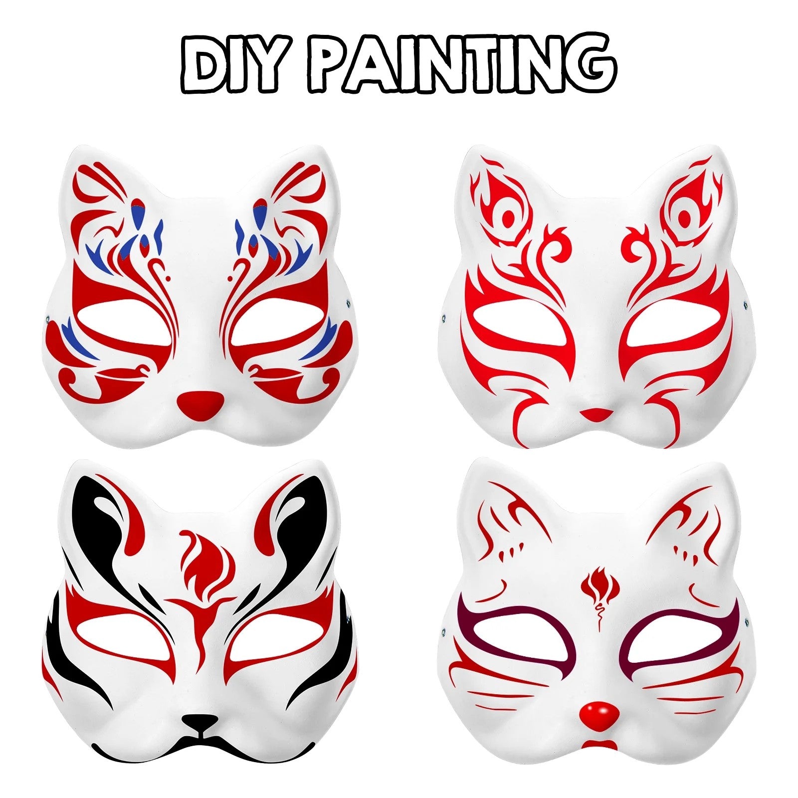 5PCS Therian Masks White Cat Masks Blank DIY Halloween Mask Animal Half Facemasks Masquerade Cosplay Party