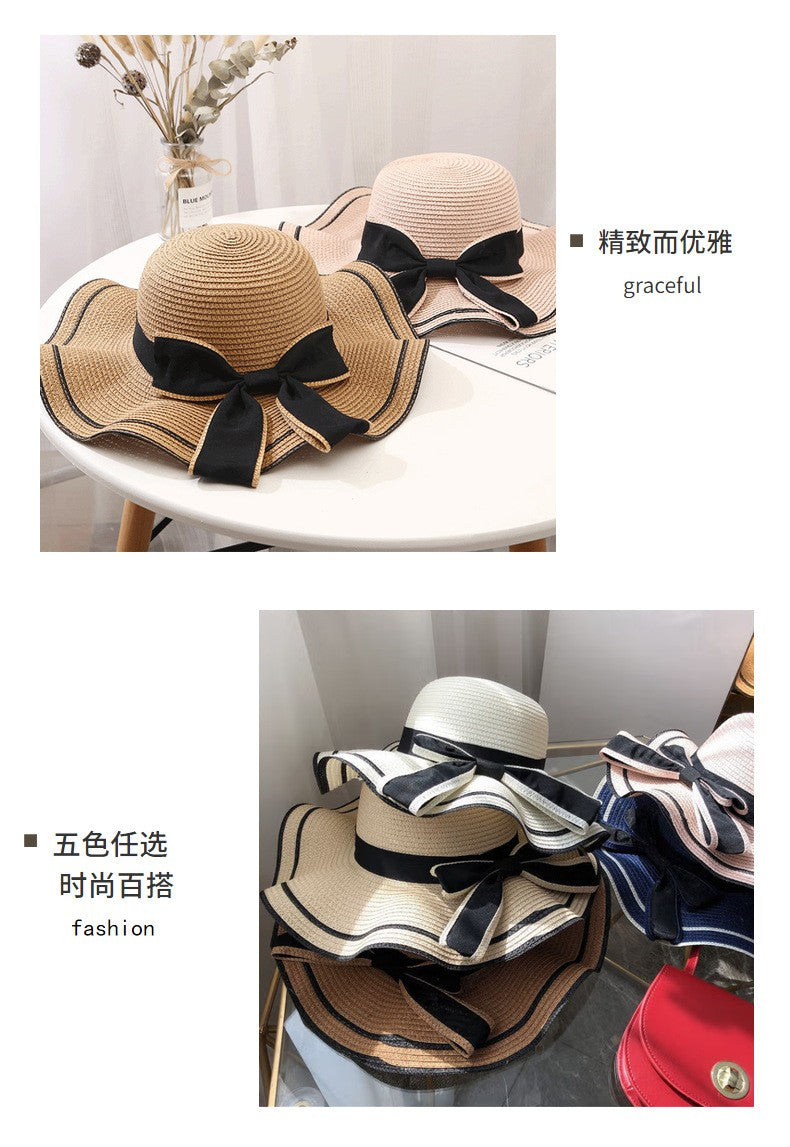 Beach HatJapanese Everything Hairy Edge Straw Hat Female Summer dome  Top Outing Sun Hat Small Fresh Bow Sun Shade Beach Hat