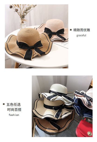 Beach HatJapanese Everything Hairy Edge Straw Hat Female Summer dome  Top Outing Sun Hat Small Fresh Bow Sun Shade Beach Hat