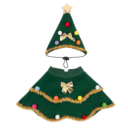 Capa de Natal para gatos e cachorros com chapéu, estrelas e pompons, adequada para cães de pequeno e médio porte durante o Natal