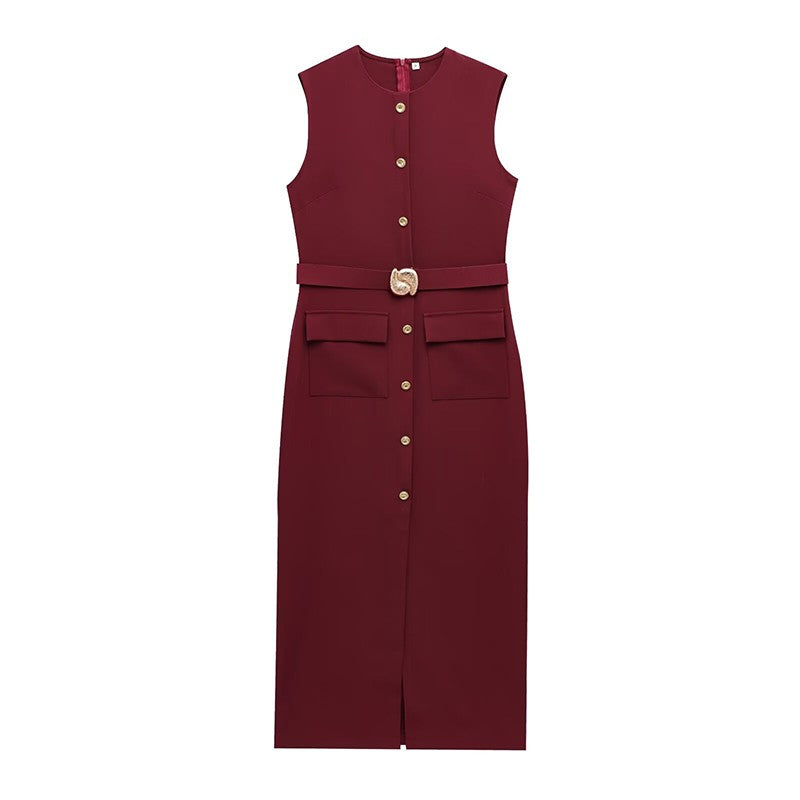 Elegant Midi Dress Woman O-neck Single Breasted Sleeveless Pocket Dresses Female