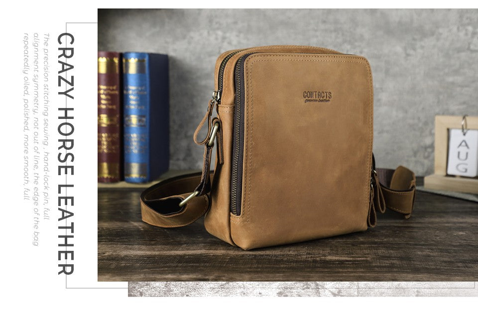 CONTACT'S Genuine Leather Men's Messenger Bag Vintage Sling Shoulder Bags for 7.9" iPad Mini High Quality Male Crossbody Bag Men