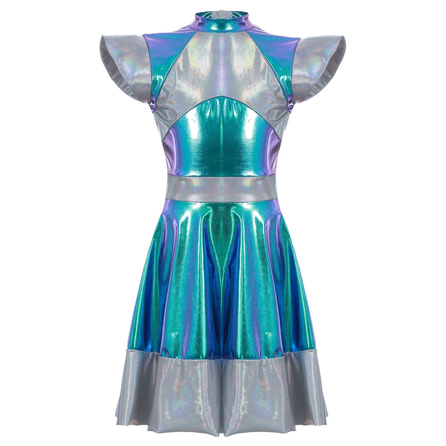 Kids Alien Cosplay Costume Outfits Boys Girls Metallic Shiny Alien Jumpsuit Halloween Full Length Bodysuit with Hair Hoop Suit