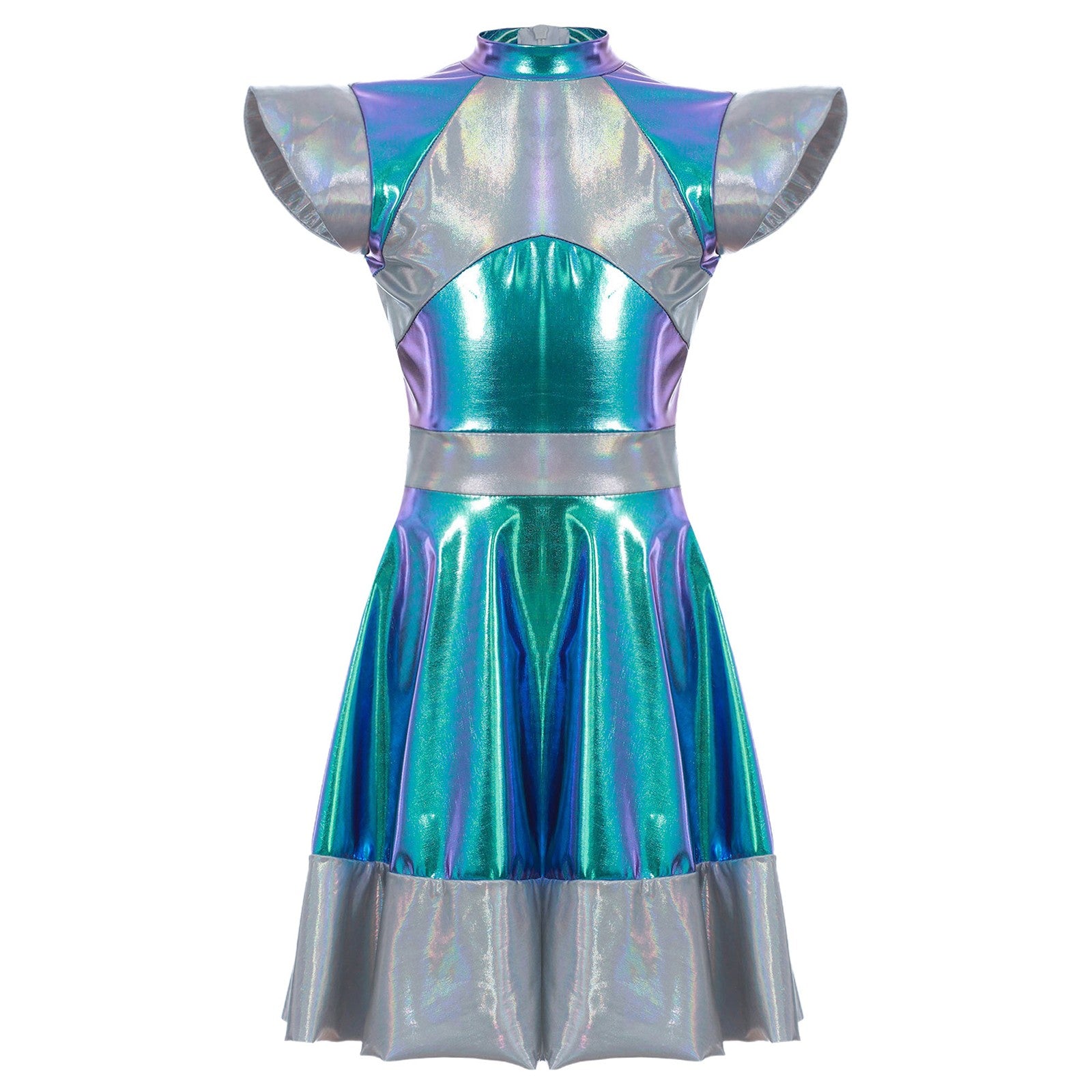 Kids Alien Cosplay Costume Outfits Boys Girls Metallic Shiny Alien Jumpsuit Halloween Full Length Bodysuit with Hair Hoop Suit