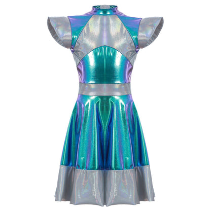 Kids Alien Cosplay Costume Outfits Boys Girls Metallic Shiny Alien Jumpsuit Halloween Full Length Bodysuit with Hair Hoop Suit