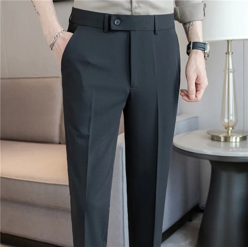 2025 Summer Thin White Elastic Nine Cent Suit Pants for Men,gray Blue Four-side Elastic Comfortable Drape Men's Casual Trousers