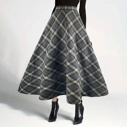 Fairyshely Casual Plaid Print Woolen Long Skirt Women 2025 Summer Ruffle High Waist Midi Skirt Lady Elegant A line Pleated Skirt