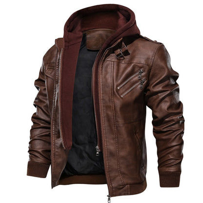 Men Jackets Fake Two Leather Jacket Double Zipper Removable Hooded Biker Leather Coat Male Cardigan Overcoat