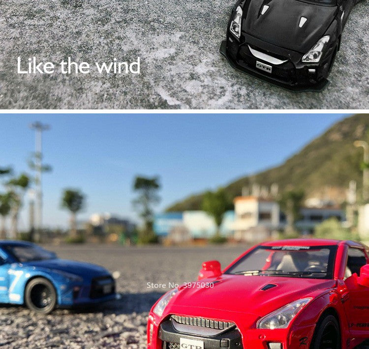 1/32 Escala Liga Fundida Nissan GTR Carro Esportivo Modelo Brinquedo Portas Abertas Fricção Som Música Veículo em Miniatura Presentes para Crianças Coleção
