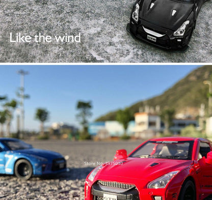 1/32 Escala Liga Fundida Nissan GTR Carro Esportivo Modelo Brinquedo Portas Abertas Fricção Som Música Veículo em Miniatura Presentes para Crianças Coleção