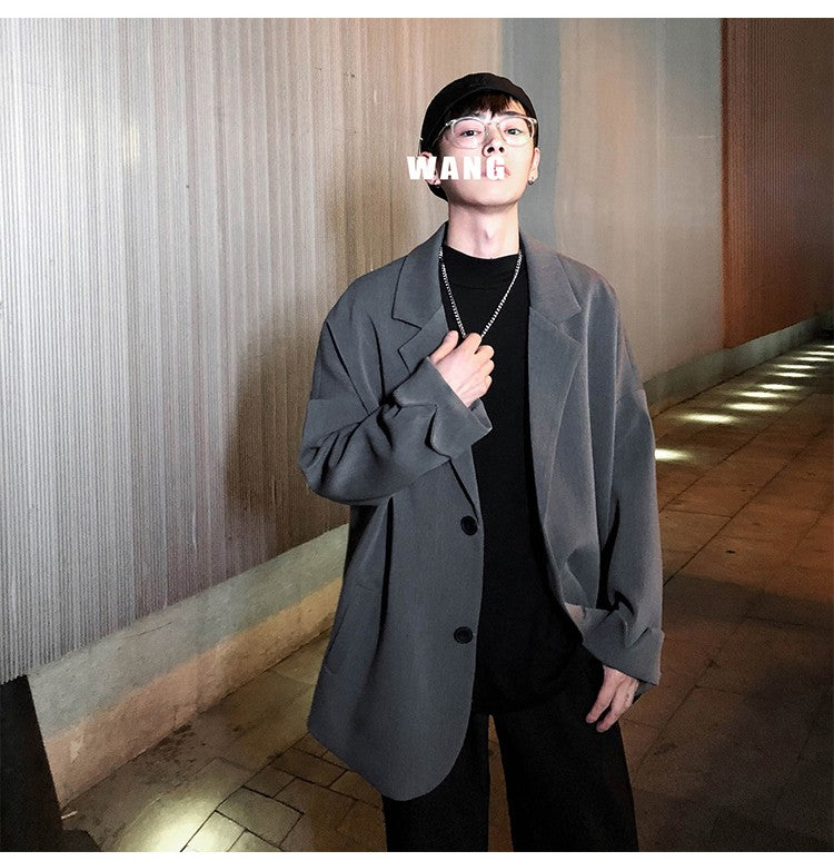 Autumn Men's Casual Solid Color Blazer Korean Style Business Single Trendy Oversize Business Suit Jackets Retro Daily Streetwear