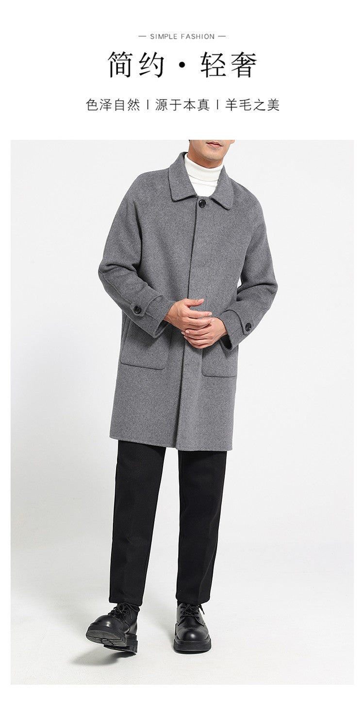 Mid-Length Single-Breasted Polo Collar Men's Overcoat Double-Sided Woolen 100% Pure Wool High-End Coat Fashion Men's Clothing
