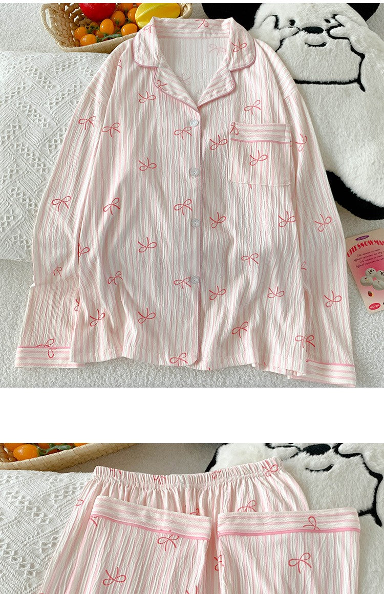 Spring and Autumn Sweet Bow Korean Style Ins Wrinkled Fabric Long Sleeve Cardigan Nightgown Women's High-Quality Homewear Set