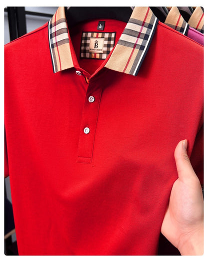 Luxury brand short sleeve polo shirt men's summer new silk cotton breathable fashion top casual business plaid lapel T-shirt
