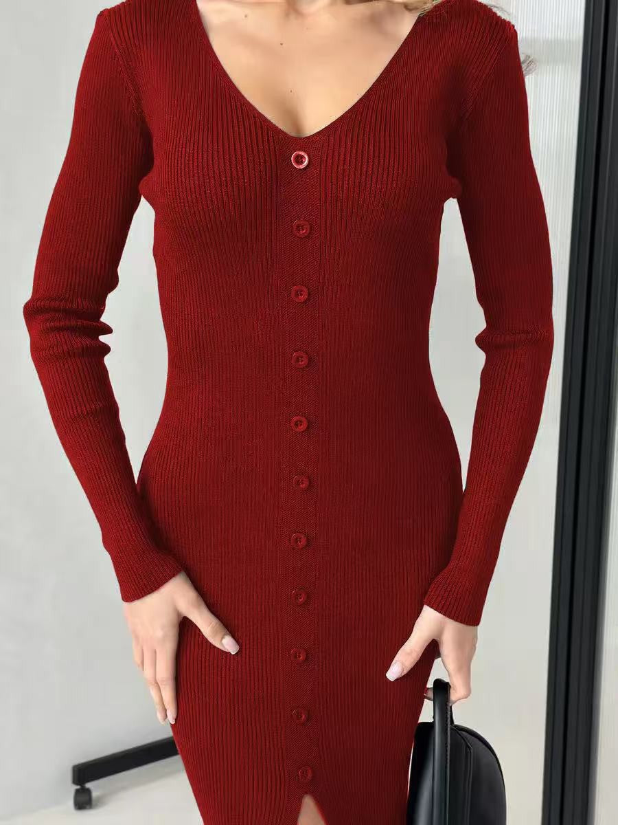 2025 Knitted Dress For Women Vintage Fashion Long Sleeve Dresses Solid Single Breasted V Neck Midi Autumn Winter Dress ???????
