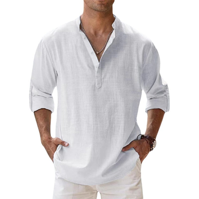 2023 New Men's Linen Long Sleeve Breathable Shirt Solid Color Casual  Basic Cotton Linen Shirt Tops  S-5XL