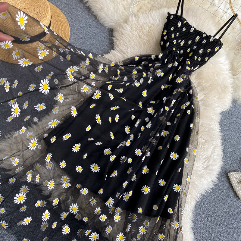 YuooMuoo Korean Fashion Daisy Flower Print Mesh Party Dress Summer Two Layers Sp