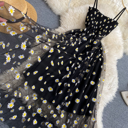 YuooMuoo Korean Fashion Daisy Flower Print Mesh Party Dress Summer Two Layers Sp