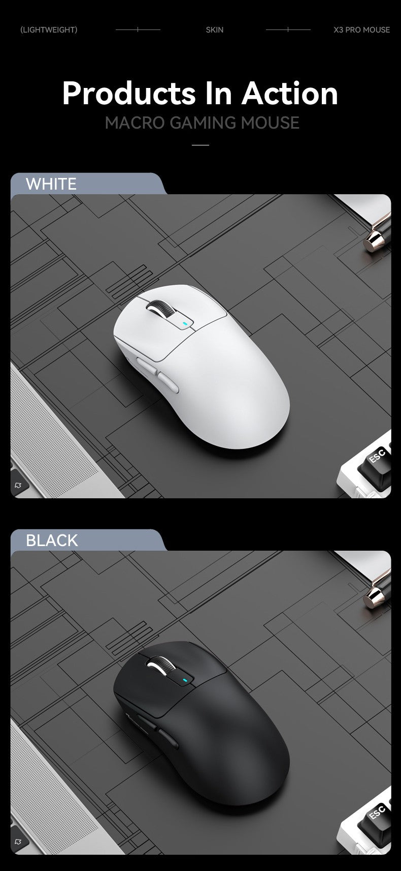 Mouse gamer sem fio 3-mode macro Attack Shark X3orX3Pro PixArt 1K/4K leve, 26K DPI PAW3395, adequado para laptop/Win/Mac