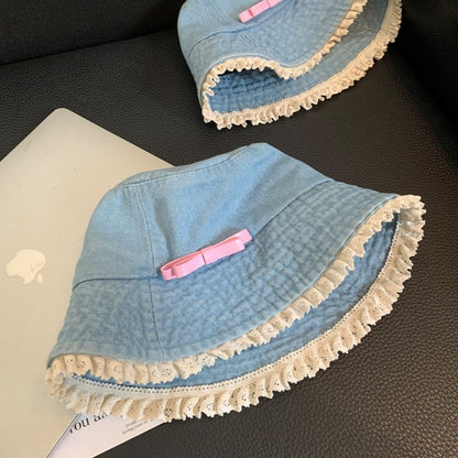 Retro Big Brimmed Denim Bucket Hat Bow Tie Y2K Lace Fisherman Hat Korean Style UV Protection Bow Sunscreen Hat Outdoor