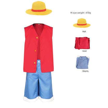LUFEI cosplay costume set, pirate style red vest+blue shorts+straw hat, anime enthusiast cosplay event full outfit