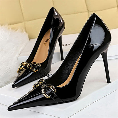 Luxury Design Women 10cm High Heels Metal Buckle Green Pumps Lady Plus Size Wedding Stiletto Heels Party Nude Replica Prom Shoes