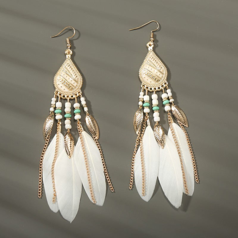 Brincos femininos longos de pena estilo boho, praia, com borla longa, miçangas, flores artesanais esmaltadas, para noiva, casamento, Pendientes Mujer