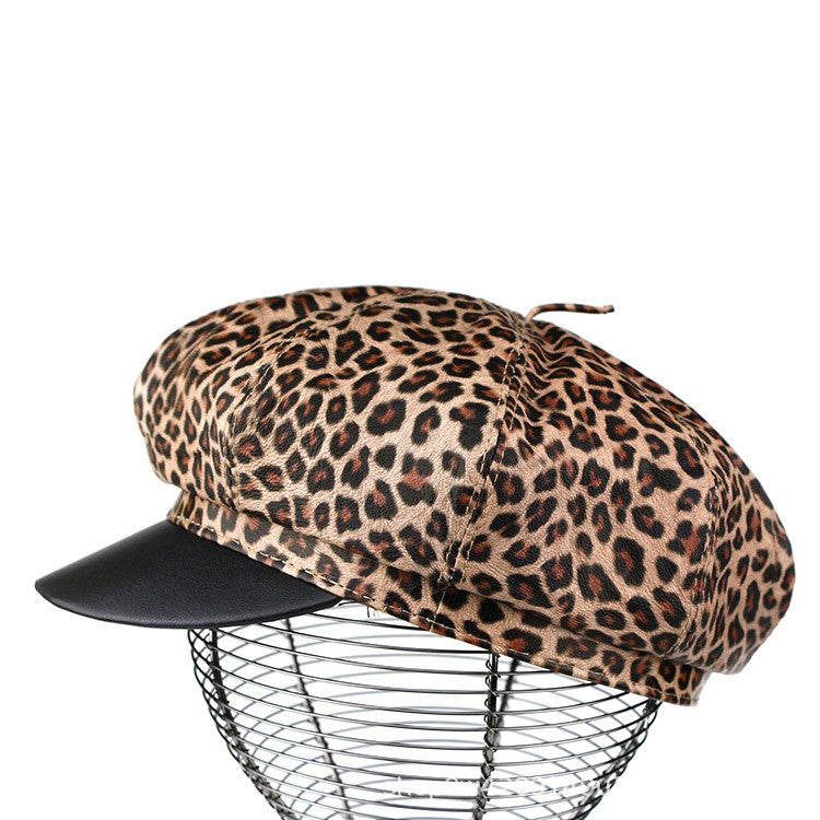 Autumn Winter Women's Genuine Sheep Leather Octagonal Beret | Leopard Print Trendy Painter Hat Celebrity Style Versatile Cap