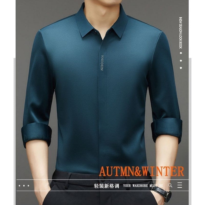 High End  Mulberry Silk Men Business Shirt Long Sleeve  Button Invisible Elastic Tops Wrinkle Resistant  Luxurious Men Shirt