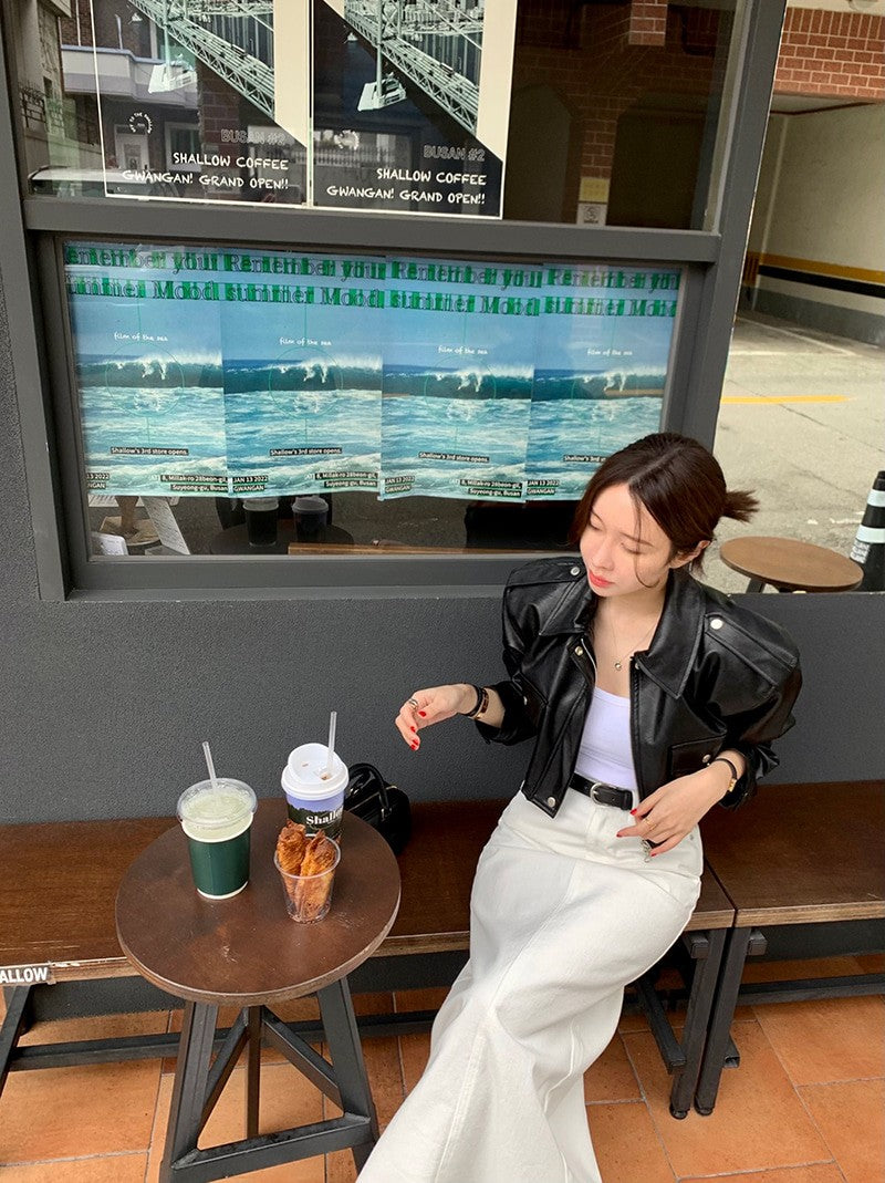 Women's Loose ort PU Leather Jaet Double ket Retro Collar Zipper Versatile Motorcycle Sle Top Trendy Commute Wind