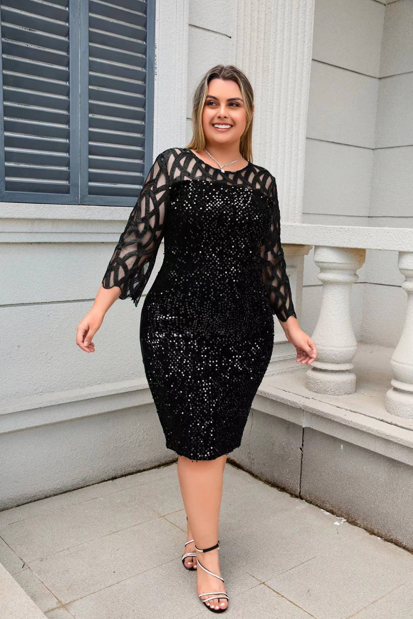 Party Dress Plus Size Ladies Midi Sequin Mesh Long Sleeve Lace Elegant Bodycon L-4XL 5XL Evening Dresses Woman Summer