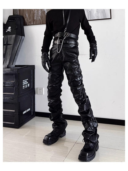 Mauroicardi Spring Autumn Cool Long Ruched Soft Black Pu Leather Stacked Pants for Men Luxury Designer Cyberpunk Rock Clothes