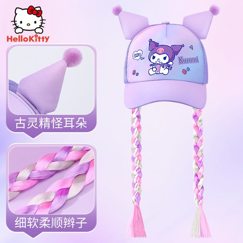 Sanrio Kuromi Baseball Cap Summer Sun Hats for Girl  Breathable Visor Hat  Kawaii Wig Braid Cute Kids Children Aged 5-10 Sunhat