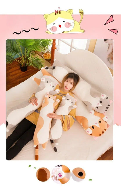 Long Cat Plush Body Pillow Creative Cute Animal Stuffed Cushion Soft Sofa Decorative Throw Pillow Large Sleeping Cushion Decor