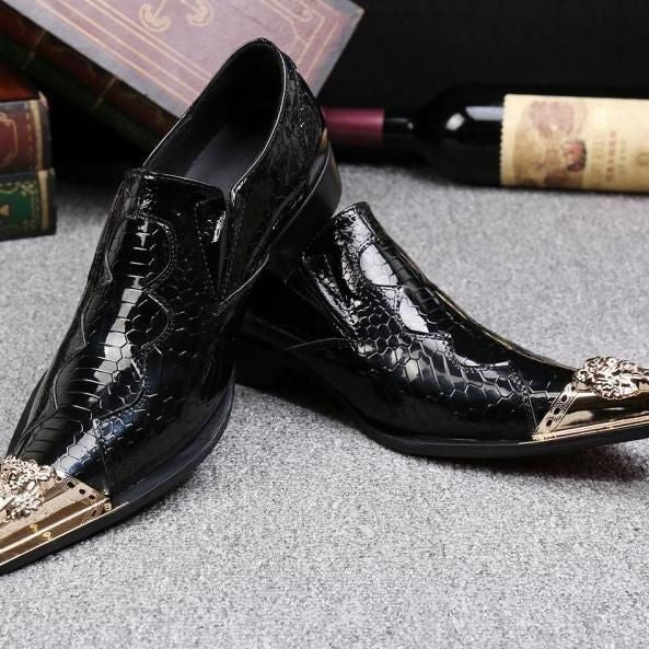 2024 Western Fashion Pointed Metal Toe Dress Shoes Blue Grey Party Wedding Leather Shoes for Men