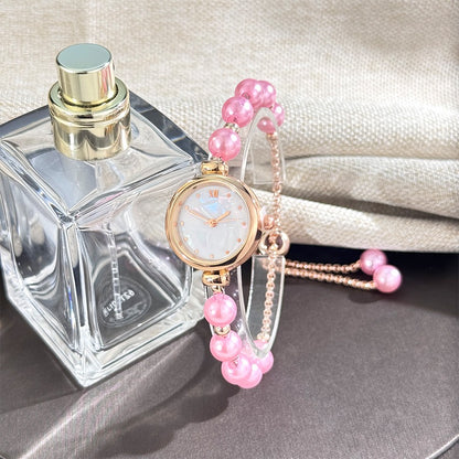 French Romantic Pearl Pull Cord Handheld Watch Elegant Small Fashion Bracelet Quartz Wristwatch Stylish Portable Timepiece